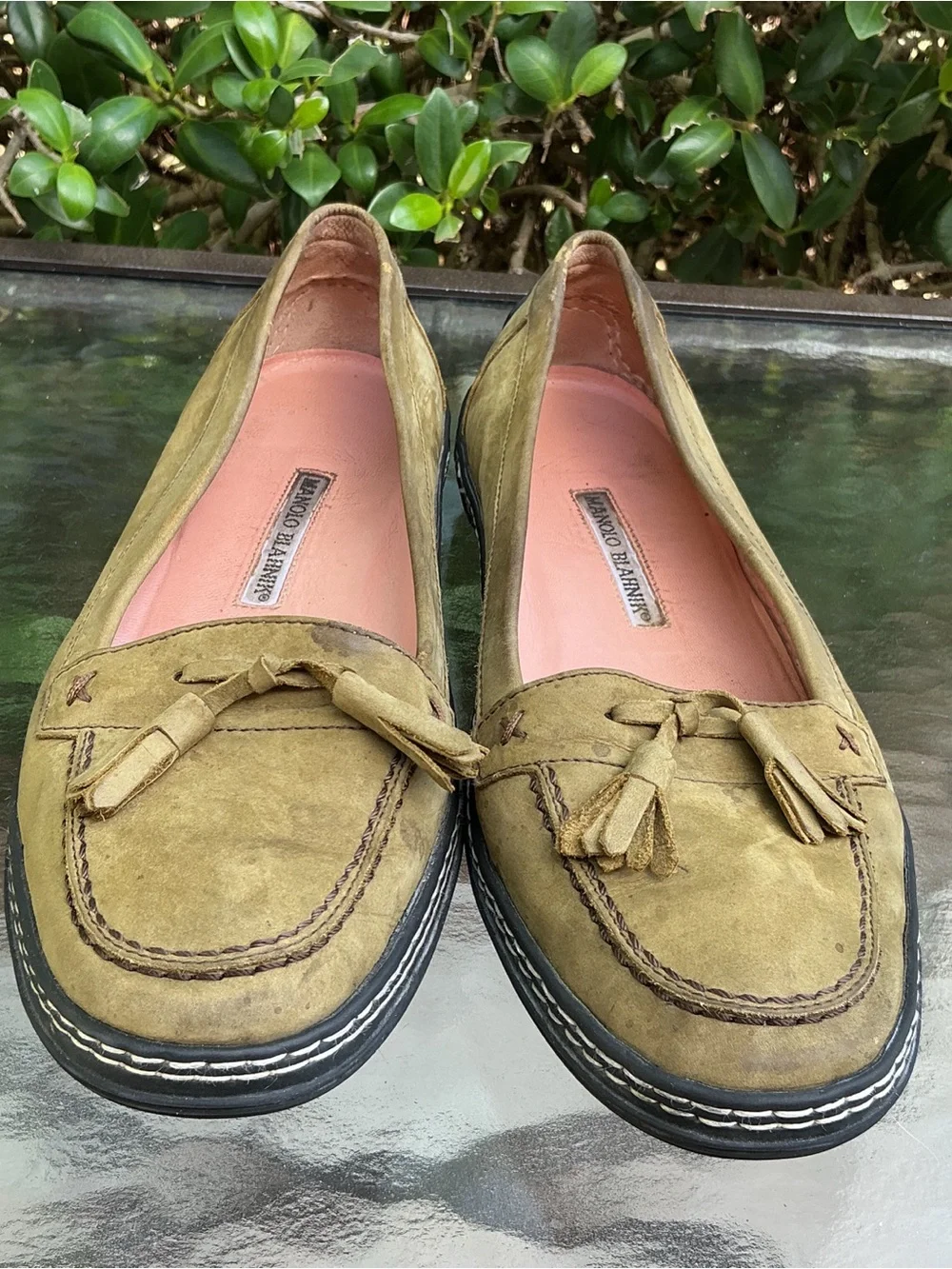Manolo Blahnik Olive Green Suede Tassel Loafers - Women